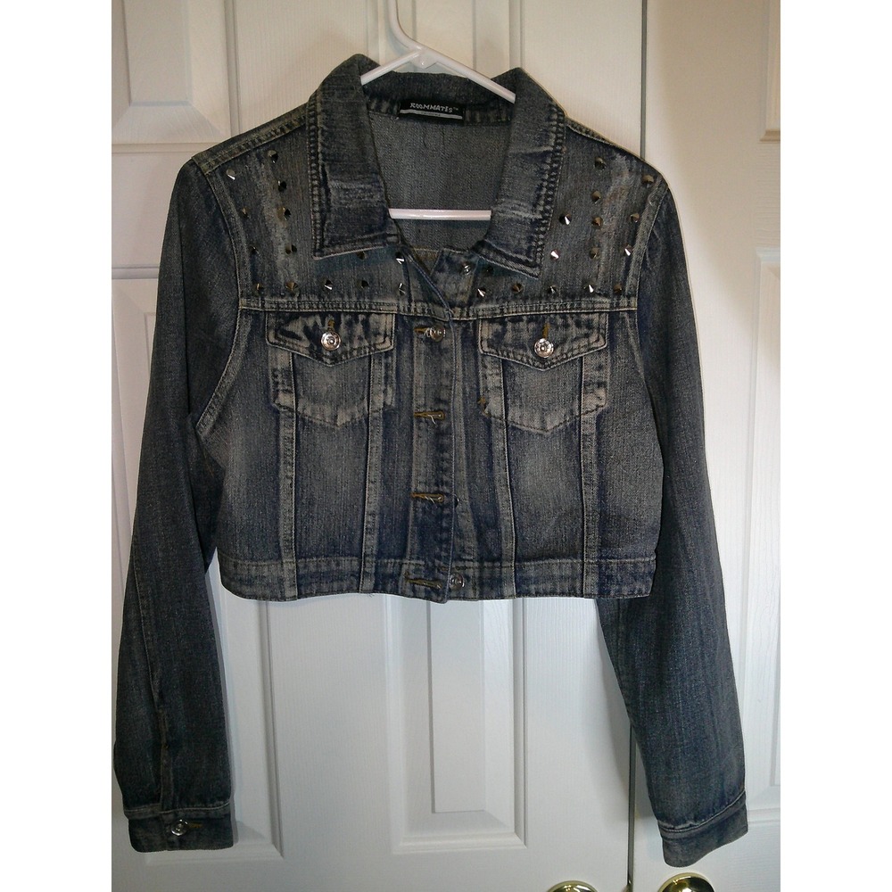 Vintage ROOMMATES Studded Denim Jacket Cropped Jean Jacket Blue Distressed Small